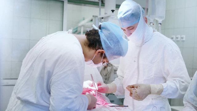 Medium shot group of male and female doctors performing operation on stomach to patient