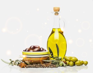 Olive oil bottles organic olive branch condiment green olives