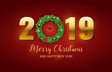 2019 Merry Christmas and Happy New Year banner decorated with Wreath of Pine branches isolated on red. Shiny concept design for Xmas winter holidays.
