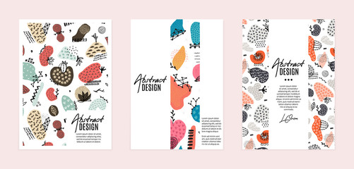 Set of vector templates. Hand drawn abstract shapes with different textures, spots and decorative elements. It can be used as book, notebook or magazine cover, brochure, booklet, annual report, flyer
