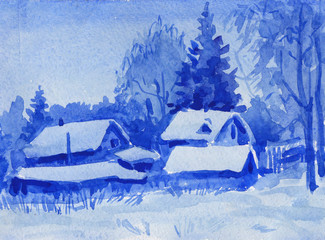 winter blue landscape with house and trees watercolor