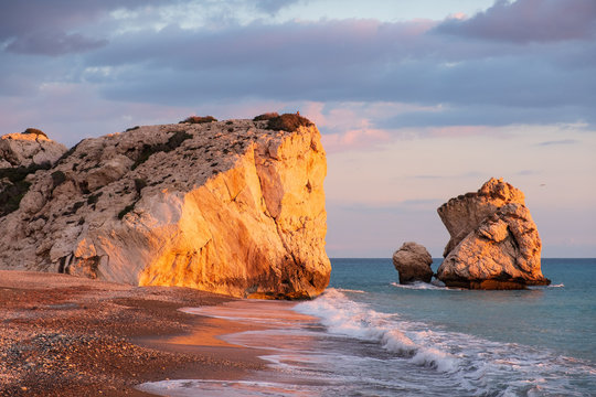 Beautiful afternoon view of the beach around Petra tou Romiou, also known as Aphrodite's birthplace, in Paphos, Cyprus.