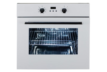 Built-In Gas Oven Isolated on White Background. Front View of Stainless Steel Oven with a Large-Capacity Warming Drawer. Range Cooker.