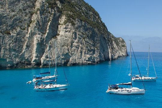  Group of yachts in the bay in Greece.