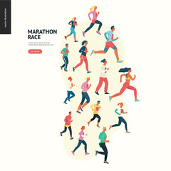 Marathon race group - flat modern vector concept illustration of running men and women wearing winter sportswer. Marathon race, 5k run, sprint. Creative landing page design template, web banner