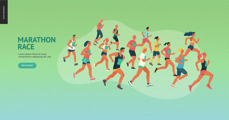 Marathon race group - flat modern vector concept illustration of running men and women wearing sportswer. Marathon race, 5k run, sprint. Creative landing page design template, web banner