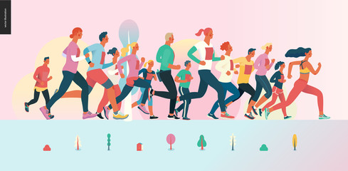 Marathon race group - flat modern vector concept illustration of running men and women wearing winter sportswer. Marathon race, 5k run, sprint. Creative landing page design template, web banner