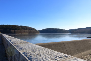 dam barrage reservoir Klingenberg in Winter in Germany, Saxony