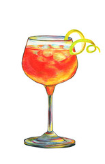 Hand drawn illustration of an alcoholic cocktail with ice and decorative curl peel colored with colored pencils