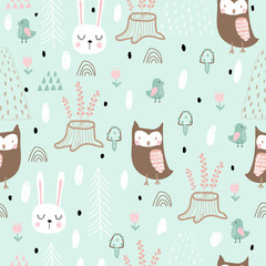 Seamless pattern with hares and owls in spring forest. Scandinavian style, for printing on textiles. Hand-drawn.