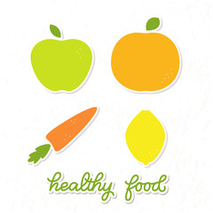 Healthy food veggie banner design, poster with decorated fruits and vegetables and handlettered note 'healthy food'