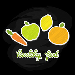 Healthy food veggie banner design, poster with decorated fruits and vegetables and handlettered note 'healthy food'