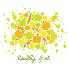 Healthy food veggie banner design, poster with decorated fruits and vegetables and handlettered note 'healthy food'