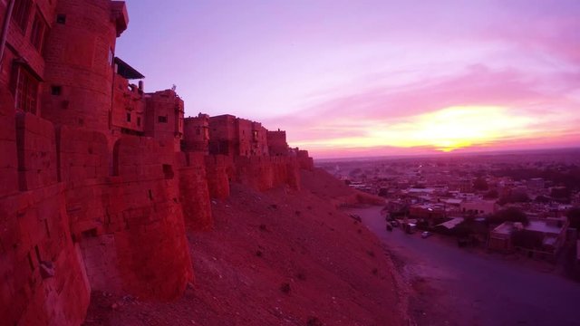 Ancient Fort walls with parapet desert town Jaisalmer in morning lights