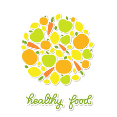 Healthy food veggie banner design, poster with decorated fruits and vegetables and handlettered note 'healthy food'