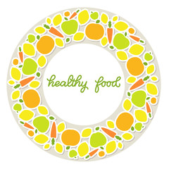 Healthy food veggie banner design, poster with decorated fruits and vegetables and handlettered note 'healthy food'