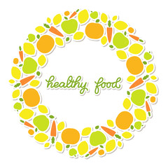 Healthy food veggie banner design, poster with decorated fruits and vegetables and handlettered note 'healthy food'