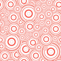 Abstract round concentric orbital speaker circles. Seamless pattern texture. Bright red crimson on white background. Random ring ball target size overlap. Geometric vector design illustration.