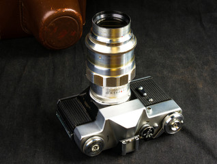 old vintage Soviet camera with leather case