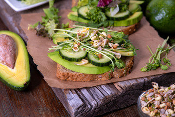 Sandwiches with sliced avocado.  Healthy eating, vegetarian food.