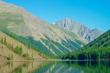 Fototapeta premium Giant mountains reflected in clean water of mountain lake in sunlight. Conifer forest on mountainside under blue sky in sunny day. Amazing vivid mountainous landscape of majestic nature of highlands.