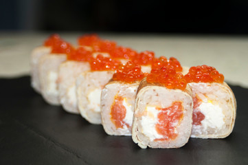 Overhead japanese sushi food. Maki ands rolls with tuna, salmon, shrimp, crab and avocado. Top view of assorted sushi, all you can eat menu. Rainbow sushi roll, uramaki, hosomaki and nigiri.