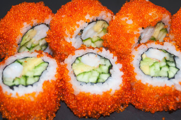 Overhead japanese sushi food. Maki ands rolls with tuna, salmon, shrimp, crab and avocado. Top view of assorted sushi, all you can eat menu. Rainbow sushi roll, uramaki, hosomaki and nigiri.