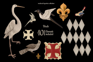 Hand drawn clip art, small set in medieval tapestries style on black background