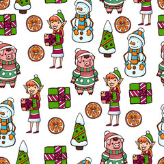 Vector seamless pattern with New year and Christmas props