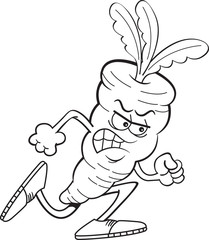 Black and white illustration of an angry carrot running.