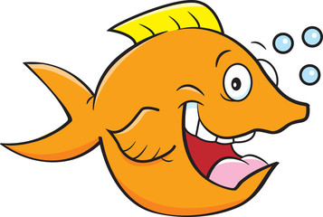 Cartoon illustration of a happy fish with bubbles.
