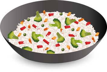 Rice with vegetables in a bowl isolated on white background. Vector illustration. Healthy food.