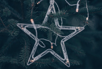 Transparent star decoration on the fir tree.