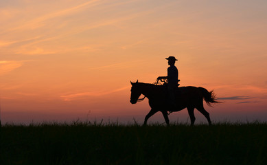 Cowboy in hat riding horse on colorful cloudy sky at sunset. Silhouette of  cowboy travel in wild west mountain like western film background - obrazy, fototapety, plakaty