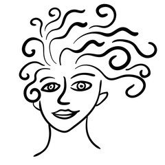 Hand drawn curly hair girl isolated on white background. Vector illustration.