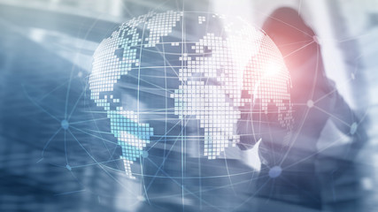 3D Earth hologram on blurred background.Global business and communication concept