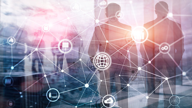 ICT - information and telecommunication technology and IOT - internet of things concepts. Diagrams with icons on server room backgrounds - Powered by Adobe