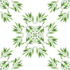 Seamless pattern of green cartoon leaves and twigs. Vector