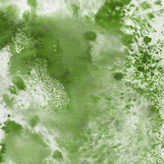 Green watercolor bright texture. Abstract washes and brush strokes on the white paper background.