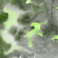 Watercolor green abstract texture with washes and brush strokes on the white paper background.