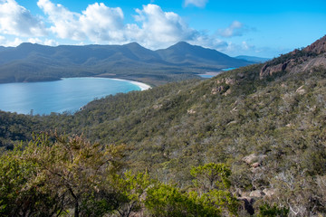 Wineglass Bay, Freycinet National Park, Tasmania, Australia on a cloudy day viewed from the lookout walk