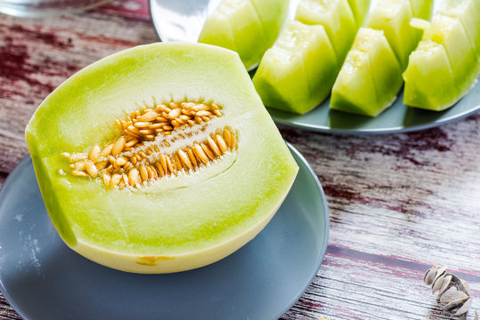 Green melon. Dessert, background.