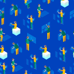 Fototapeta premium Virtual Reality Glasses Concept with People Seamless Pattern Background 3d Isometric View. Vector