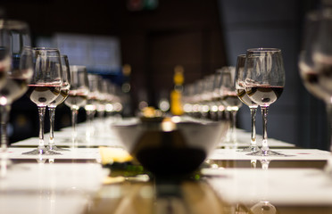 Red wine tasting for many people at winery, Spain