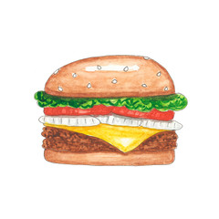 Watercolor sketch, illustration of tasty fast food burger, cheeseburger isolated on white background.