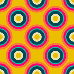 Colorful seamless pattern with polka dot, geometrical shapes, rings, circles. Wrapping paper, background. Vector illustration.  
