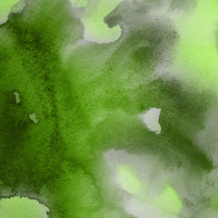 Watercolor green texture with abstract washes and brush strokes on the white paper background.