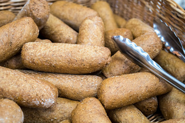 fresh bread on the shelves in bakery, food