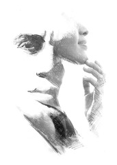 Paintography. Double exposure. Woman's profile portrait combined with hand drawn handsome man's face © DAZOKA.com