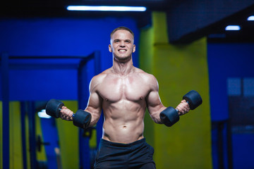 Powerful man doing exercises with dumbbells. Photo of sporty muscular male in the gym. Strength and motivation